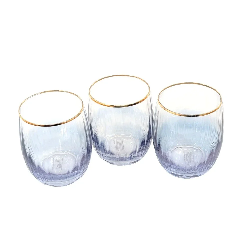Anthropologie 24Karat Gold RIms Clear Blue Cocktail Wine Whiskey Drink Glasses